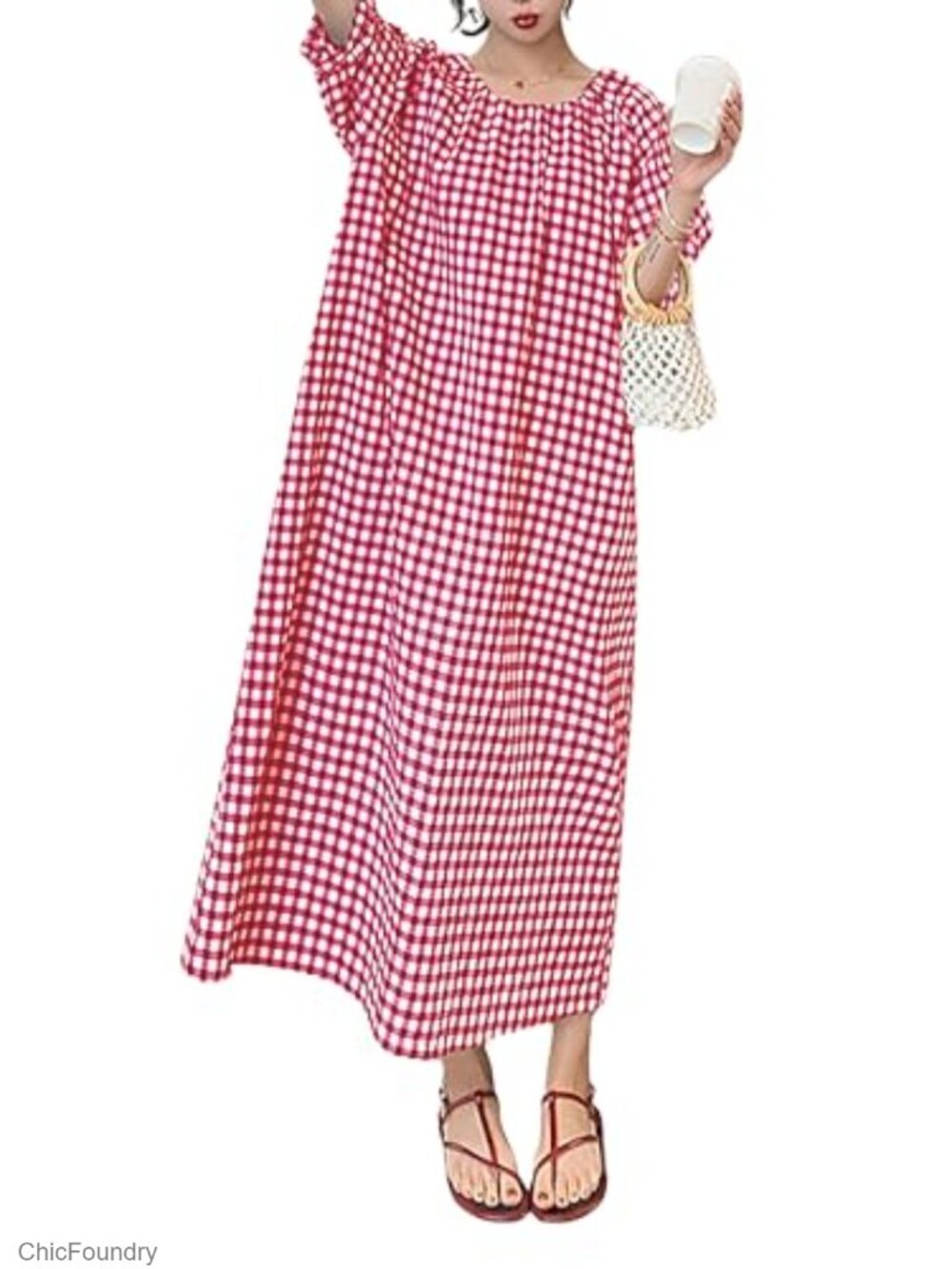 Womens 100% Cotton Gingham Plaid Midi Swing Dress Puff Sleeve